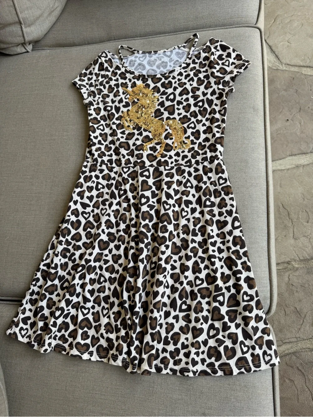 Children’s Place, Leopard Print Dress with Gold Sequin Unicorn, Size M 7/8